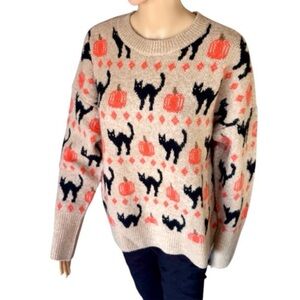 VINCE CAMUTO Women’s Halloween Sweater Tan w/Black Cats & Pumpkins Drop Sleeve
